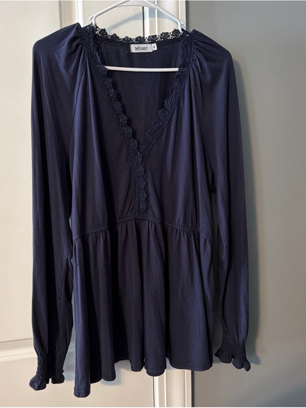 Missky Navy Lace-Trim Long-Sleeve Tunic